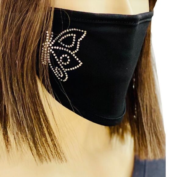NEW Face Masks Black Face Mask Studded Rhinestone Butterfly Detailed Face Cover - Picture 4 of 4